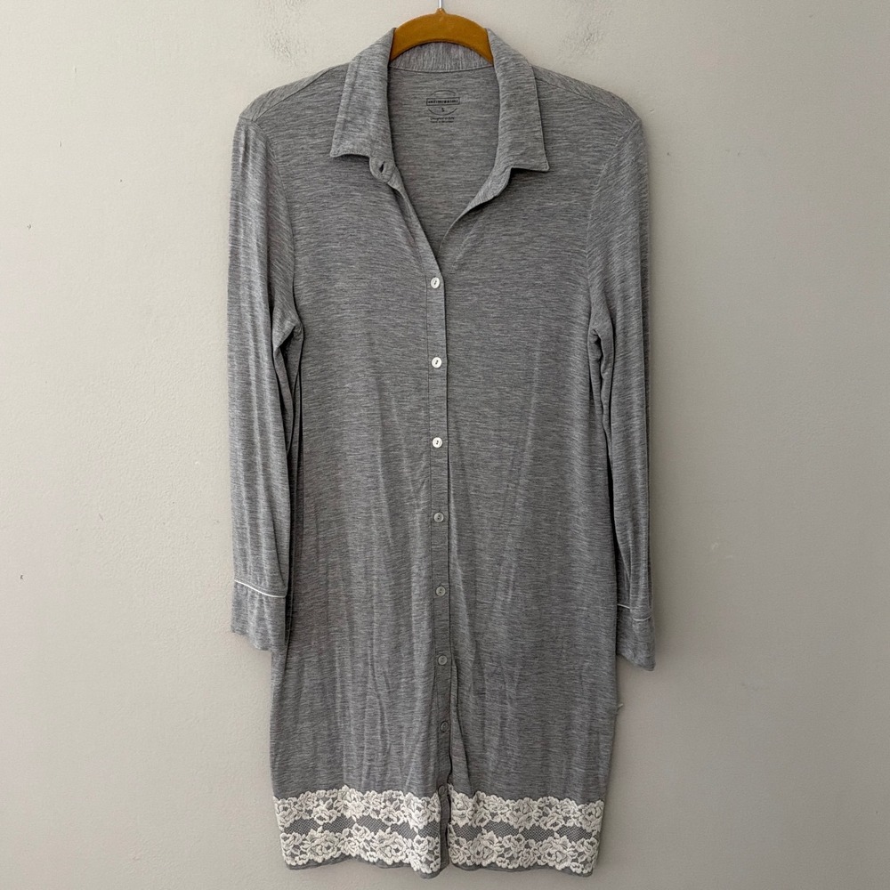 Intimissimi Women Small Heather Grey Lace Trim Button Front Nightshirt Sleeves